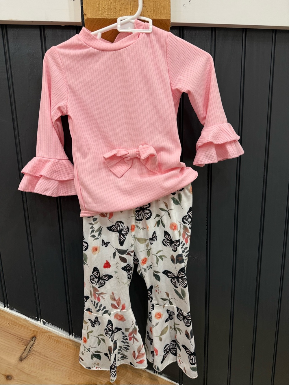 SHEIN Pink Ruffle Sleeve Top with Cream Butterfly Print Pants